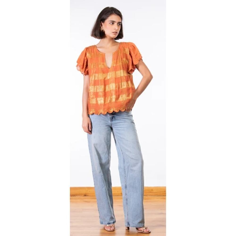 NWT Ollari Greta Blouse in Fiesta Coral Sz. S